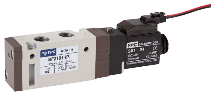 5/2-Wege Magnetventil, G 1/8", Federrückstellung, 24 V=, Stecker SY100, mit LED inkl. 600 mm Kabel