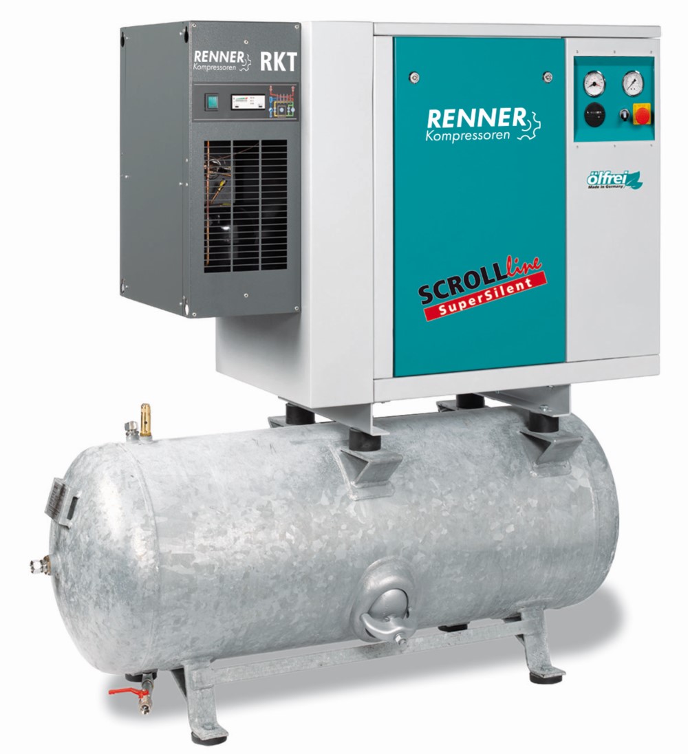 RENNER-Scrollkompressor SuperSilent SLDK-NEO 2-3,7 S 8 bar auf 250L Behälter mit Kältetrockner-Ölfrei
