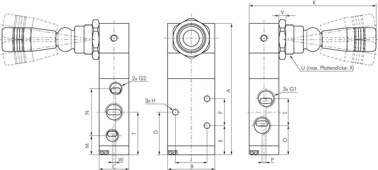 5/3-Wege Handhebelventil, G 1/4", Mittelstellung entlüftet, Raste, H 532-08 E