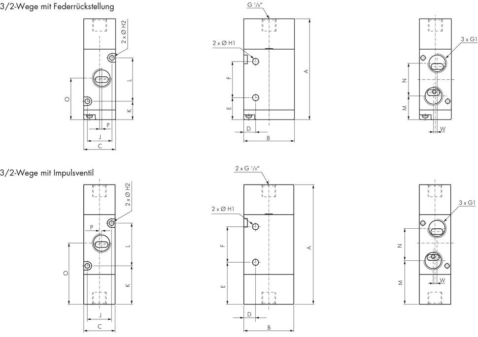 3/2-Wege Pneumatikventil, G 1/2" (Pilot G 1/8"), Impulsventil