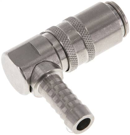 Temperier-Schnellkupplung (Winkel 90°) 9mm Zapfen, 9 (3/8")mm Schlauch, Edelstahl, ohne Ventil