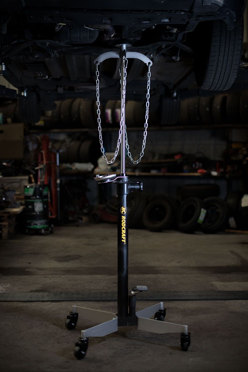 Rodcraft GHN1000 Getriebeheber mit 1000 kg Hubkapazität, Höhe 1,18 m bis max. 2 m, Fusspedal, Doppelkolben, Sicherheitsventil, automatisches langsames Absenken, Gewicht 48,1 kg