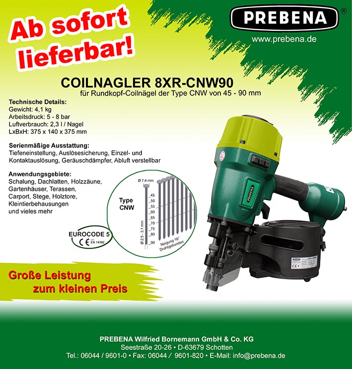 Prebena Druckluft Coilnagler 7F-CNW90 für Coilnägel 50-90mm 